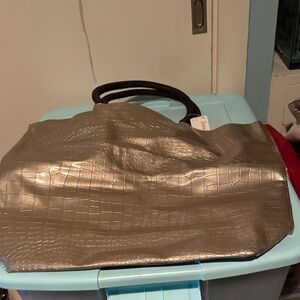 Neiman Marcus Metallic Taupe Croc-Embossed Tote Bag